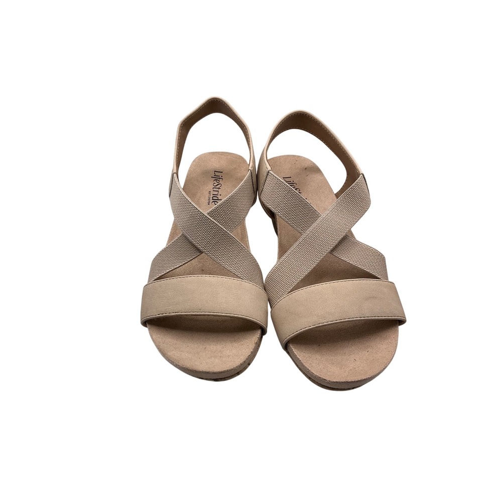 LifeStride NWO Womens Beige Crisscross Elastic Cork Wedge Sandals Size 6